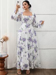 Modelyn 大码女式印花喇叭袖荷叶边下摆优雅连衣裙 - 淡紫色 - 查看 6