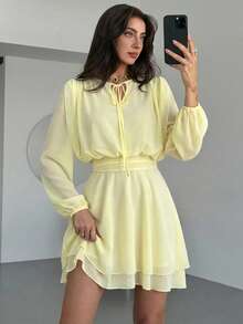 Aloruh Đầm công sở ngắn tay dài màu tím, dáng xòe, chất liệu lưới, màu trơn. - Vàng nhạt - Xem 1