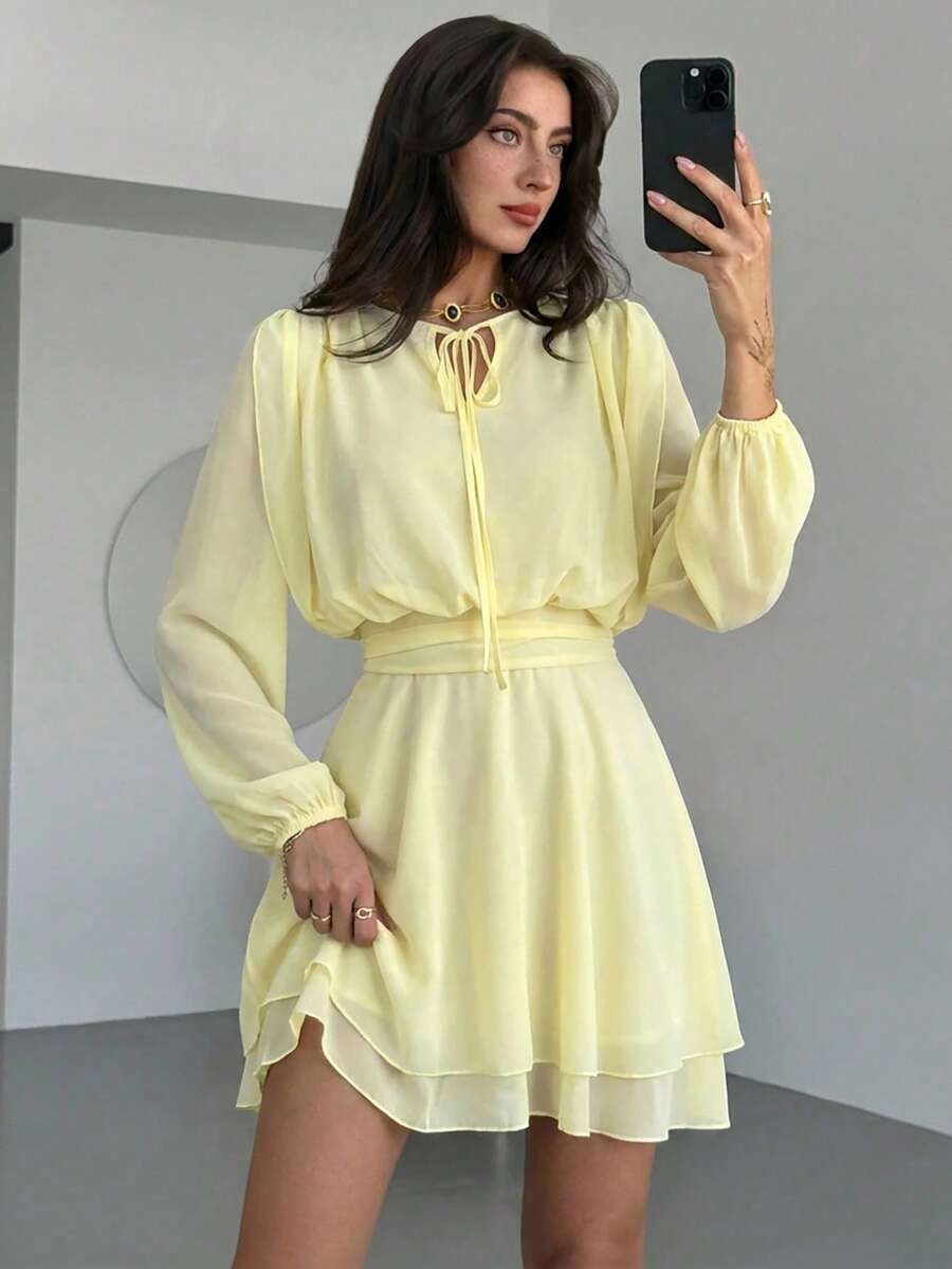 Aloruh Đầm công sở ngắn tay dài màu tím, dáng xòe, chất liệu lưới, màu trơn. - Vàng nhạt - Xem 1