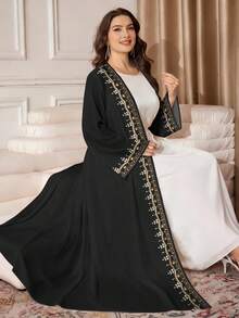 SHEIN Najma 大码女式花卉仿珍珠印花长袖休闲阿拉伯长袍开衫外套，春秋季 - 彩色 - 查看 3