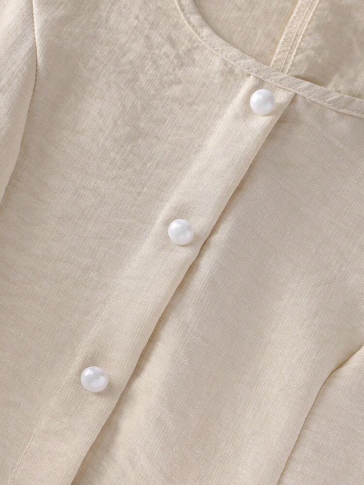 Franclia 亚麻混纺无袖中长连衣裙，前襟纽扣设计，收腰剪裁，女士款，适合度假穿着 - 杏色 - 查看 4