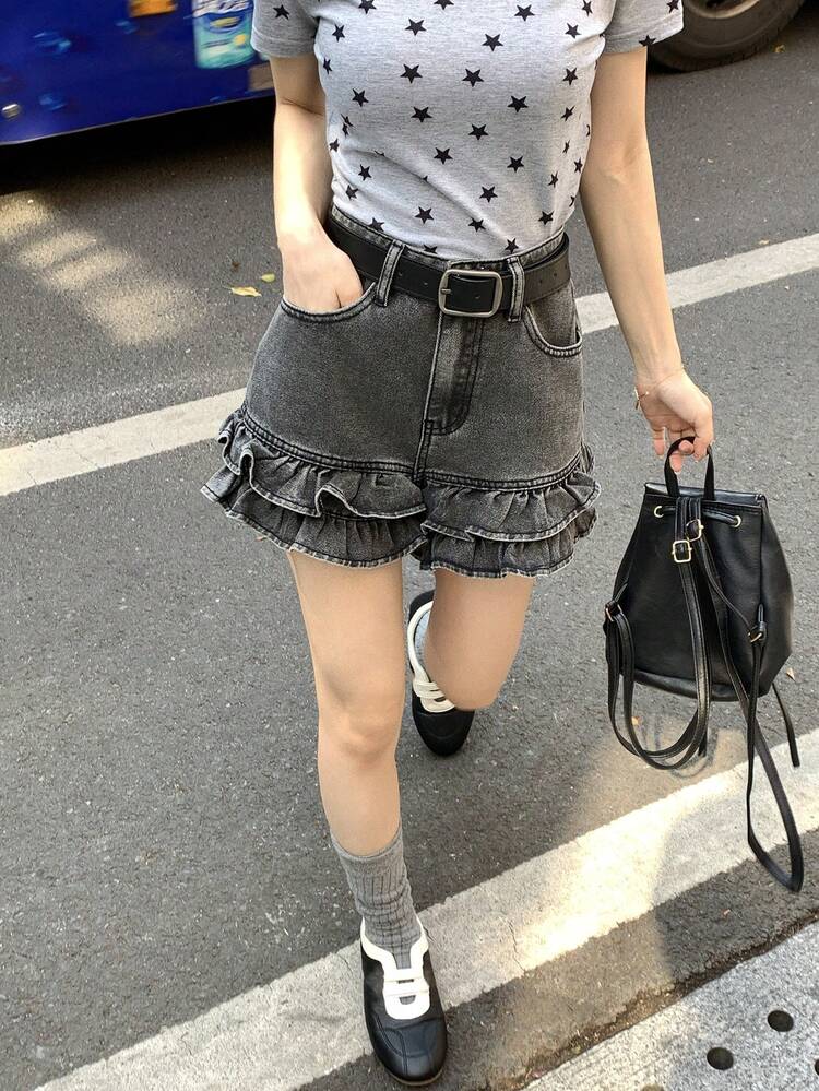 Women's Vintage Washed Ruffled Hem Gray Denim Shorts, Korean Style Jorts Summer