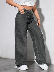 SHEIN ICON 大码女式松紧腰复古浅蓝色直筒牛仔裤 - 深灰色 - 查看 5