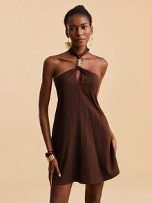 Travachic 女士纯色金属装饰优雅度假连衣裙 - 棕色 - 查看 4