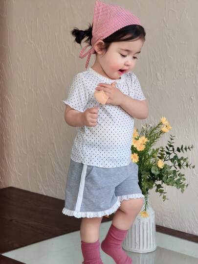 Dazy Kids 女童荷叶边下摆波点印花长袖上衣，韩版风格，春夏款