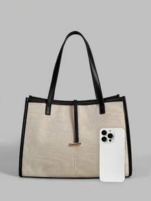 Ontre Bolso de mano para mujer, bolso de hombro para viajes y uso diario con diseño contrastante - Beis - Ver 3