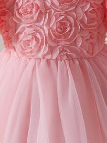 SHEIN 女婴纯色网纱泡泡袖休闲连衣裙 - 粉色 - 查看 7