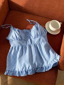 SHEIN EZwear 女士宽松休闲蓝色格子荷叶边吊带背心，春夏款 - 藍色 - 查看 6