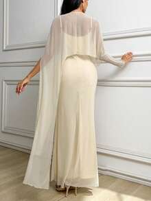 Modelyn Women's Apricot Autumn Elegant Dining Dress,Solid Round Neck Ribbon Fitted Mermaid Hem Batwing Long Sleeve Sheer Long Dress With Cape Goddess Dress - Light Yellow - View 3