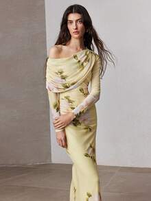 ZEYLAH Printed Fitted Bodycon Asymmetric Shoulder Dress, Spring - Yellow - View 6