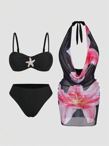 SHEIN Swim Vcay 2026新款夏季沙滩度假百合印花泳装三件套：浪漫优雅深V裹身连衣裙+比基尼套装，大码泳装 - 黑色 - 查看 1