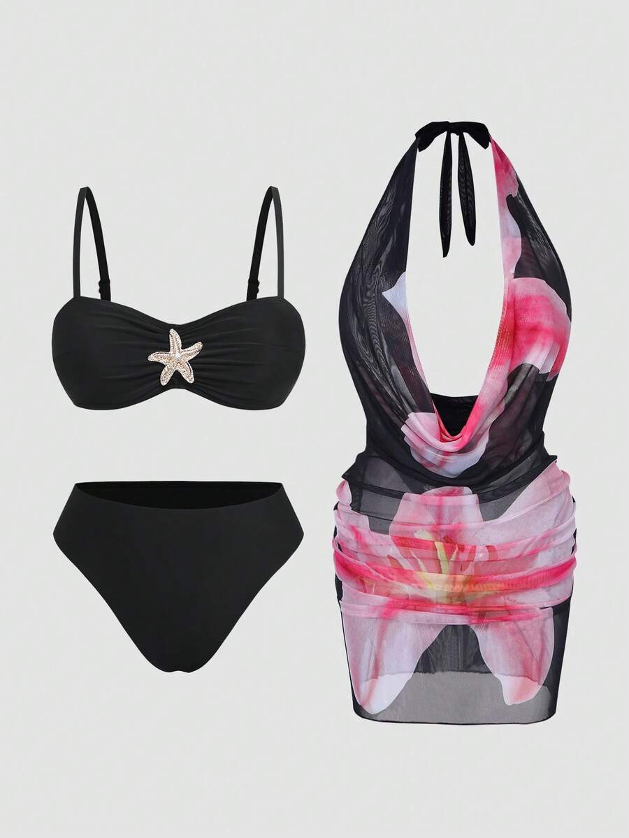 SHEIN Swim Vcay 2026新款夏季沙滩度假百合印花泳装三件套：浪漫优雅深V裹身连衣裙+比基尼套装，大码泳装 - 黑色 - 查看 1
