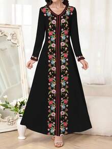 Al Najma 优雅V领印花针织长袖连衣裙，可单穿或作为内搭，适合约会、度假、日常、休闲、派对、节日等场合，黑色长款连衣裙，飘逸连衣裙，印花长款连衣裙，复古连衣裙，植物印花连衣裙 - 黑色 - 查看 5