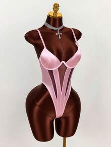 Amplova Áo liền thân hai dây phối lưới gợi cảm dành cho nữ, thích hợp cho mùa hè. - Hồng - Xem 10