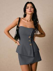 2026 Conjunto de falda y top de unicolor para mujer, top tipo bustier y minifalda set de 2 piezas, conjunto de dos piezas para mujer, conjuntos de ropa, conjunto de falda y top, conjuntos de ropa de mujer para fiestas, conjuntos de ropa de mujer, conjuntos de dos piezas, conjuntos de ropa informal para ir de paseo, conjuntos de ropa para ir de fiesta - Gris Oscuro - Ver 7