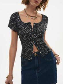 Poéselle 女士碎花单排扣短袖休闲T恤，可爱夏季上衣，黑色上衣，外出上衣，优雅休闲上衣，度假，海滩，适合日常、办公穿着，春夏款 - 黑色 - 查看 8