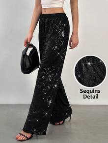 SHEIN Tall Women's Fashionable Commuter Sequin Wide Leg Pants Glitter Pants Sequin Pants Rhinestone Pants Sparkle Pants Black Sequin Pants Wide Leg Sequin Pants Sequins Clothing Women Sparkly Pants Sparkly Black Pants - Black - View 1