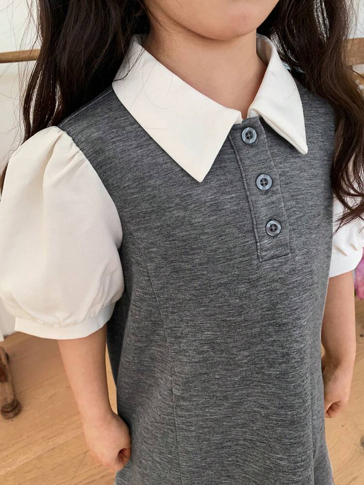 Young Girl' Collared Color Block Ruffle Trim Casual Patchwork Korean Style Puff Sleeve Dress