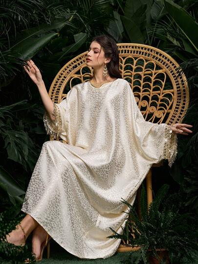 Al Najma Vestido maxi elegante de estilo turco y árabe con mangas dolman, flecos y estampado de leopardo en color albaricoque para mujer, primavera/verano