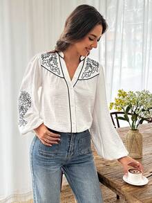 Louniche White & Blue Embroidered Long-Sleeve Shirt,Elegant Women's Blouses,Boho,Vacation,Holiday,White And Black,Autumn,Button Up Bohemian Style Casual Tops - White - View 5