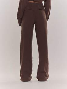 MUSERA Oversized Rib Knit Embroidered Detail Wide Leg Co-Ord Trousers Only Cosy Cute Casual Winter Chic Coffee Club Spring - Chocolate Brown - View 4
