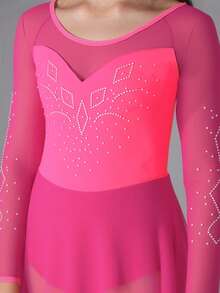 SHEIN 少女花样滑冰服，专业运动，日常训练，校园比赛，时尚黑色水钻图案，插肩袖，防走光裙摆设计，高弹舒适花样滑冰服 - 玫紅色 - 查看 5