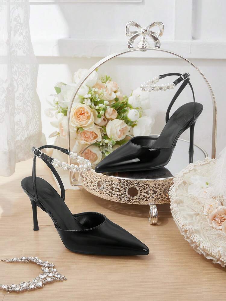 CUCCOO HITCHD Women Shoes Women's Pointed Thin Heel Black Pearl Women's High Heel Shoes Ankle Strap Slingback Shoes Fashion Sexy Party Banquet Wedding Fashion Simple High Heel Women's Shoes Elegant Shoes Wedding Shoes