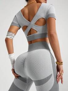 Slayform Slayform 女士条纹圆领短袖短款上衣和紧身裤运动套装健身女士套装 - 灰色 - 查看 5