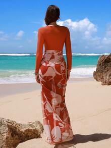 Swim Shayni 春夏沙滩休闲度假前拉链长袖连体裤+印花网纱裙两件套，中东连体泳衣 - 亮橙色 - 查看 2