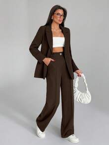 EURMUSE Bộ quần áo hai mảnh màu trơn dành cho nữ, gồm áo blazer và quần dài. - Cà phê nâu - Xem 4