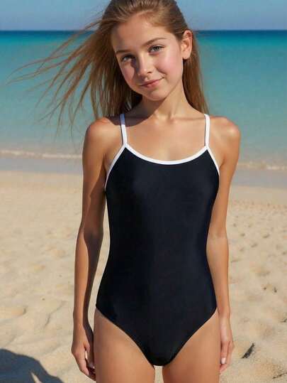Emery Rose Kids Emery Rose Kids Svartvit baddräkt i kontrastfärg för tweenflickor, minimalistisk baddräkt för strandsemester