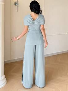 Modelyn Women's Elegant Commuter Poncho Top And Pants Set - Blue - View 6