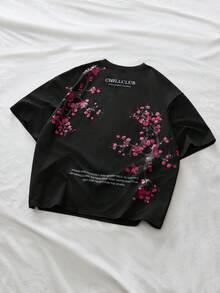 AXEPEAK Camiseta casual de manga corta con cuello redondo, estampado de lema y rama para hombres, camiseta con flores para hombres, camiseta gráfica oversize para hombres con estampado de flor de cerezo, camiseta gráfica corta para hombres, camiseta japonesa para hombres - Negro - Ver 7