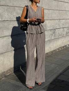 DAZY Women's Casual Striped Sleeveless Shirt And Pants Suit, Summer - Brown - View 5