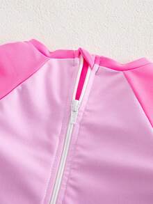 SHEIN Sparklyn Adorable Unicorn Print Long-Sleeved And Long-Legged Swimsuit For Baby Girls, Available In Pink And Fuchsia Colors. Perfect For Summer And Vacation Wear, This Toddler Beachwear Set Also Includes Sun Protection Options. Features Include Unicorn Print, Long Sleeves, And Cartoon Print. - Hot Pink - View 5