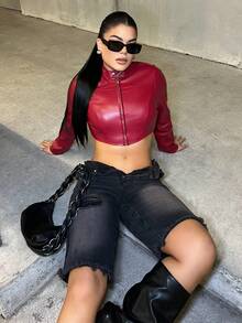 Dayanna Comas 女士秋冬街头服饰 狂欢嬉皮运动休闲 Y2K 基本款皮革舒适拉链勃艮第红色修身短款长袖夹克 - 紅色 - 查看 5