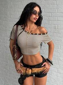 Jeanoix Women's Striped Button Design Oblique Shoulder Short Sleeve Cropped Fashionable T-Shirt - Multicolor - View 4