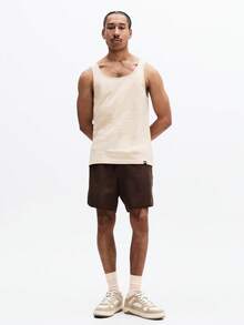 SUMWON Quần short mùa hè dáng suông, chất liệu giả da lộn, có chun co giãn, cạp chun và túi hai bên. - màu nâu - Xem 4