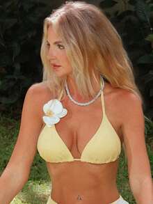 Swim Mod Áo bikini mùa hè dành cho nữ, màu trơn, họa tiết hoa 3D, kiểu buộc dây cổ, thời trang. - Màu vàng - Xem 7