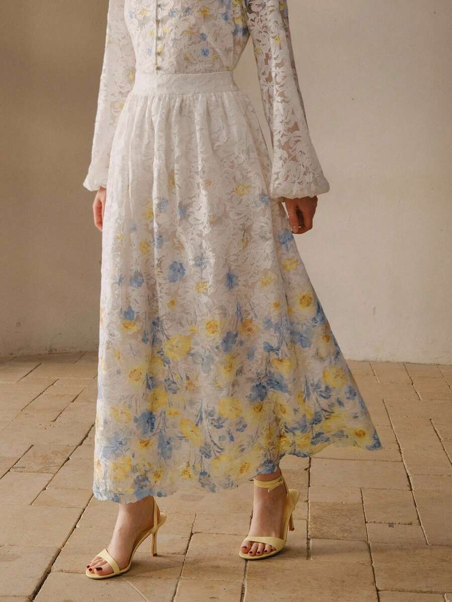 MOTF PREMIUM LACE FLORAL PRINT FLARE SKIRT - White - View 1
