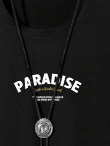 Manfinity RSRT 男士休闲度假椰树及标语印花宽松短袖黑色T恤，夏季 - 黑色 - 查看 4