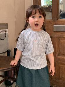 DAZY 女童圆领波点卡通印花蕾丝拼接长袖上衣，春夏款 - 灰色 - 查看 5