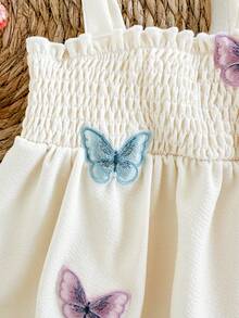 SHEIN Vintaside Kids 新生女宝宝连衣裙，可爱度假风蓝色格子花卉刺绣吊带裙设计，适合春夏外出、派对、拍照、上学等场合，1-9个月 - 杏色 - 查看 8