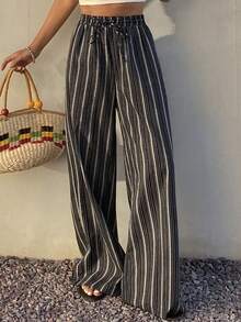Livesso 女士休闲条纹抽绳阔腿裤 - 藏蓝色 - 查看 4