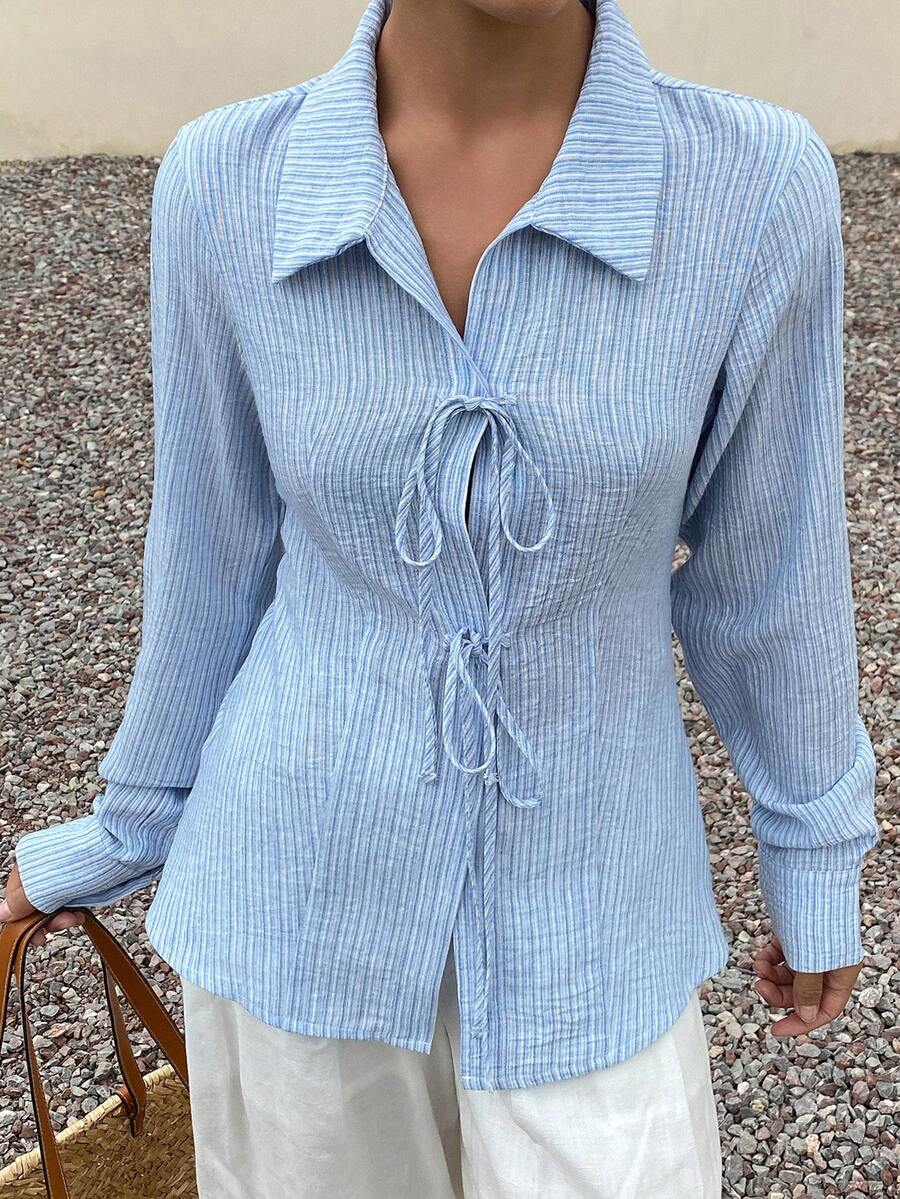 DAZY Women's Casual Striped Tie-Up Shirt, Spring/Summer - Blue - View 1