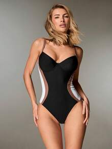 Shapewave 1pc Women's Colorblock Cutout One-Piece Swimsuit Shapewear Swimsuit Back Tie Swimsuit One Piece Swimsuit Tummy Control Bodysuit For Women - Multicolor - View 4