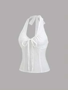 Sweetra 女士V领露背系带无袖梭织纹理棉衬衫，夏季 - 白色 - 查看 3