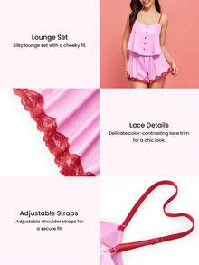 LUVLETTE Women Sexy Silky Satin Luxurious Lace Trim Pink V-Neck Camisole Top & Shorts Airy Loungewear Pajama Set Lingerie Valentine's Day Gifts