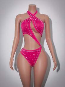 AltCore 情人节粉色水钻露背不对称镂空性感连体裤，魅力时尚舞者夜店装，适合夜店、音乐节、派对等场合。 - 玫紅色 - 查看 4
