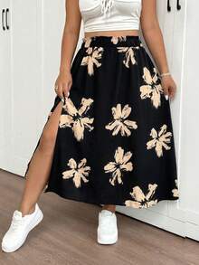 SHEIN Frenchy 大码休闲度假风印花A字开衩裙 - 黑色 - 查看 4